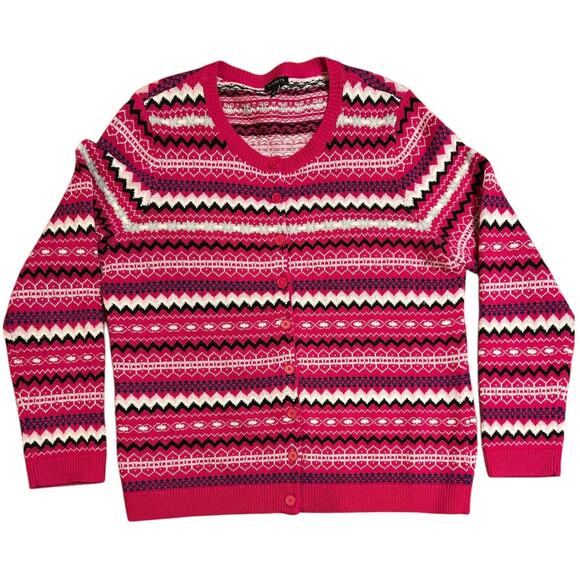 TALBOTS Pink Red Fairisle Fair Isle Nordic Cardigan Long Sleeve Sweater Sz LARGE - Picture 1 of 6